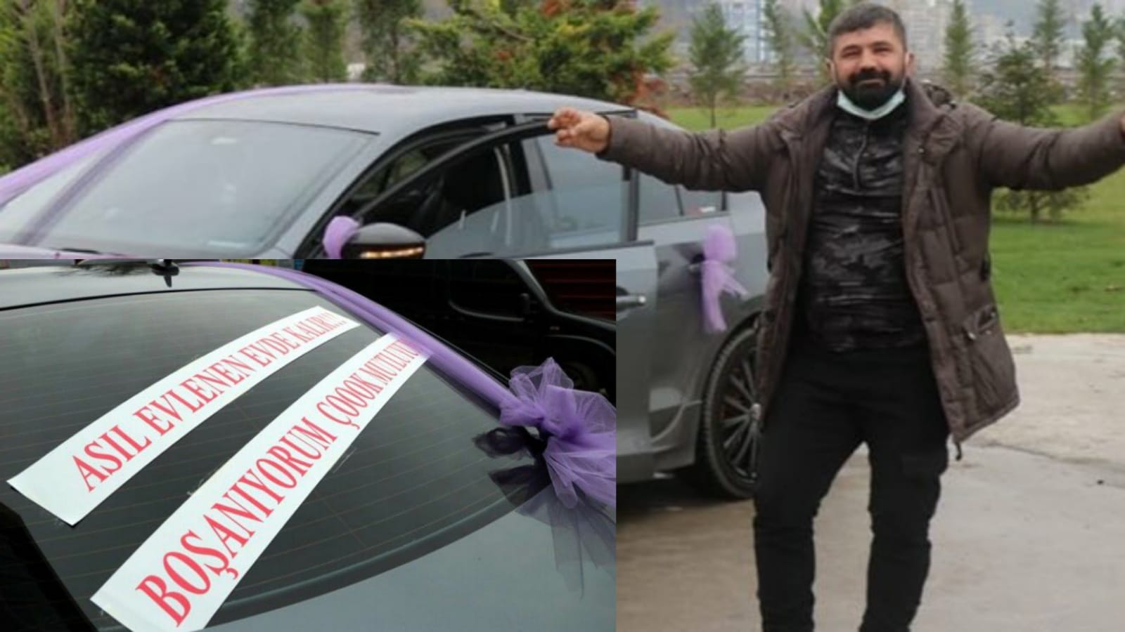 Zonguldak'ta 2 çocuk babası Serkan Taş boşanma duruşmasına gelin arabası ile geldi